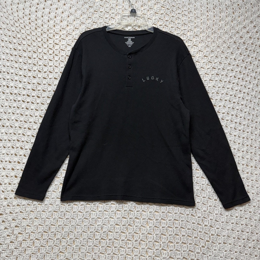 Lucky Brand Henley Sleepwear Waffle Shirt Men's Sz M Black Knit Long Sleeve